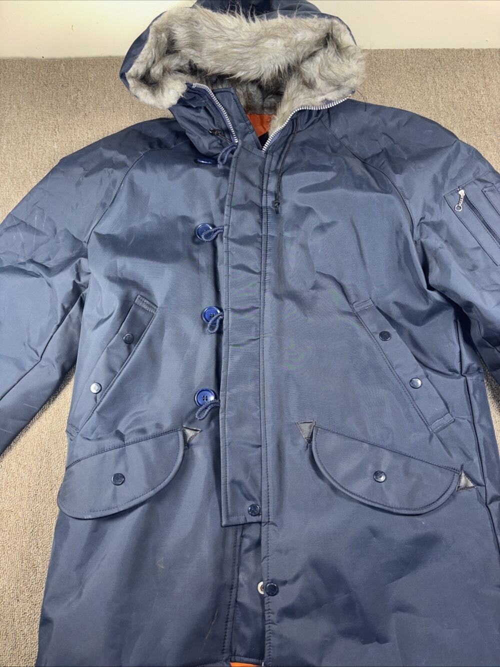 Briarcliff Vintage Caribou Fur Lined Hooded Coat Large Blue